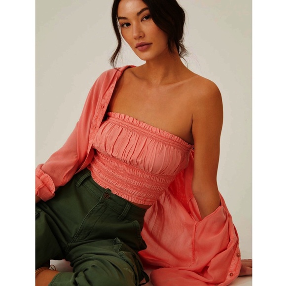 ANTHROPOLOGIE Pilcro Ruffled Ruched Slinky Tube Top in Coral - Picture 2 of 11